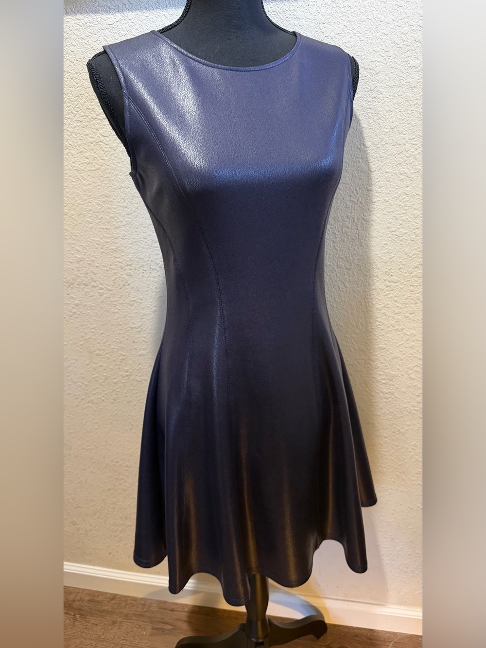New Bar III Sleeveless Faux Leather Mini Dress in Deep Black/Navyblended color